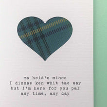 Load image into Gallery viewer, &#39;Ma Heid&#39;s Mince&#39; Tartan Greetings Cards